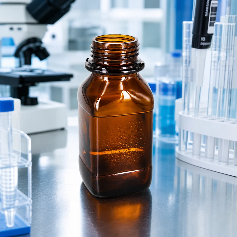 250 ml vierkante fles met wijde hals bruin glas met DIN 45 krans 250ml laboratoriumfles bruin met brede opening voor eenvoudig vullen van chemicaliën