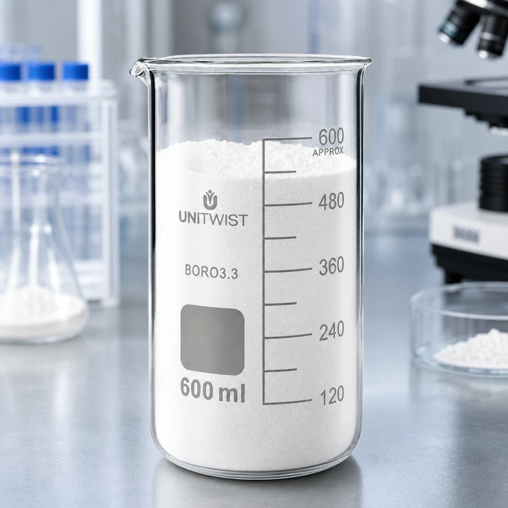 Beker 600ml borosilicaat, hoge vorm UNITWIST Becherglas, hoog model, 600 ml, borosilicaat, UNITWIST, met wit poeder, naast laboratoriumflessen
