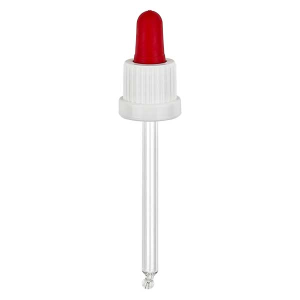 Glazen druppelpipet wit/rood 18 mm PL85 garantiesluiting (VR) Glazen druppelpipet wit/rood 18 mm PL85 garantiesluiting (VR)