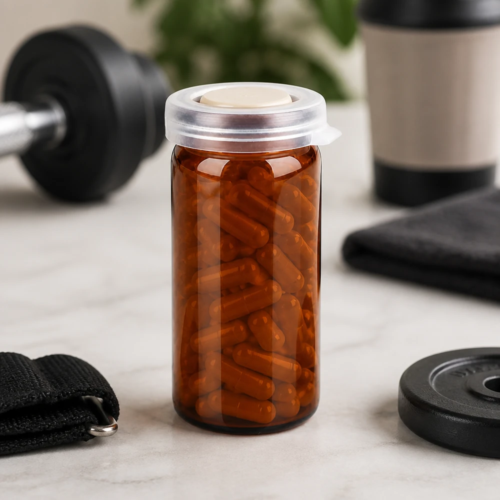 Sportvoedingssupplementen in een bruin glasflesje met gerolde rand van 10 ml en een doorzichtige dop, naast gewichten en halters