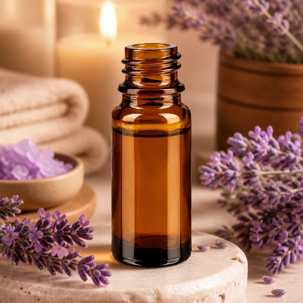 Bruine glazen fles 10ml 10ml bruin apothekersflesje ApoGlas met lavendel en wellness-accessoires in een ontspannende spa-setting