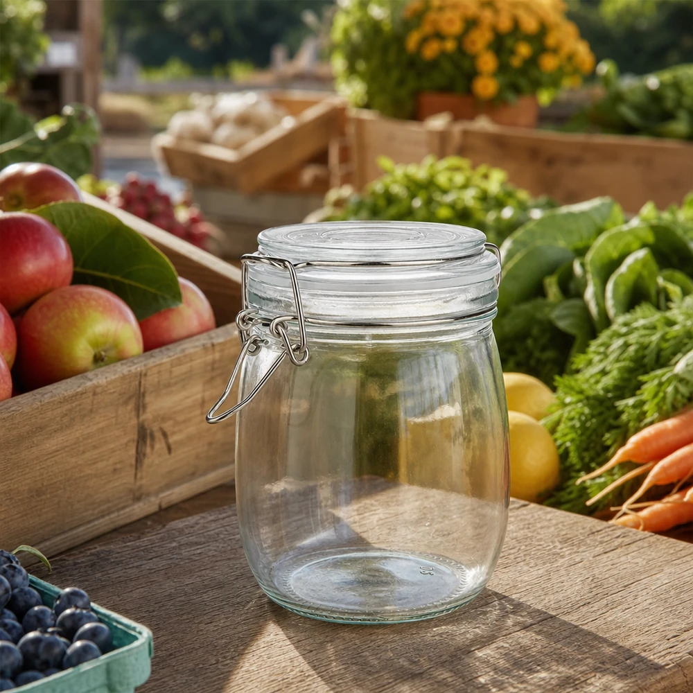 750 ml voorraadpot type S met scharnierende top UN. Lege voorraadpot van 750 ml met draaidop, klaar voor verse ingrediënten en conservering
