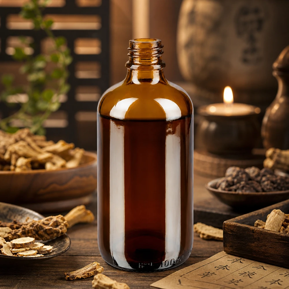 100ml bruine Apothekersfles ApoGlas 100ml bruine apothekersfles ApoGlas met TCM kruiden ginseng en peper in de Aziatische geneeskunst
