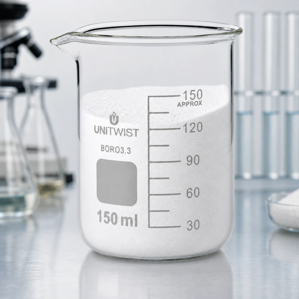 UNiTwist bekerglas 150 ml, borosilicaat, laag model, met opschriftveld en wit poeder