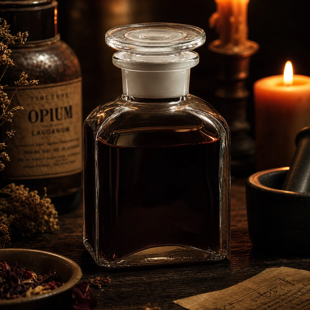 Vierkant-apothekersfles 150 ml wijde hals helder glas incl. glazen stop Vierkante fles van 150 ml, helder glas, brede opening met stop, voor aftreksels en tincturen