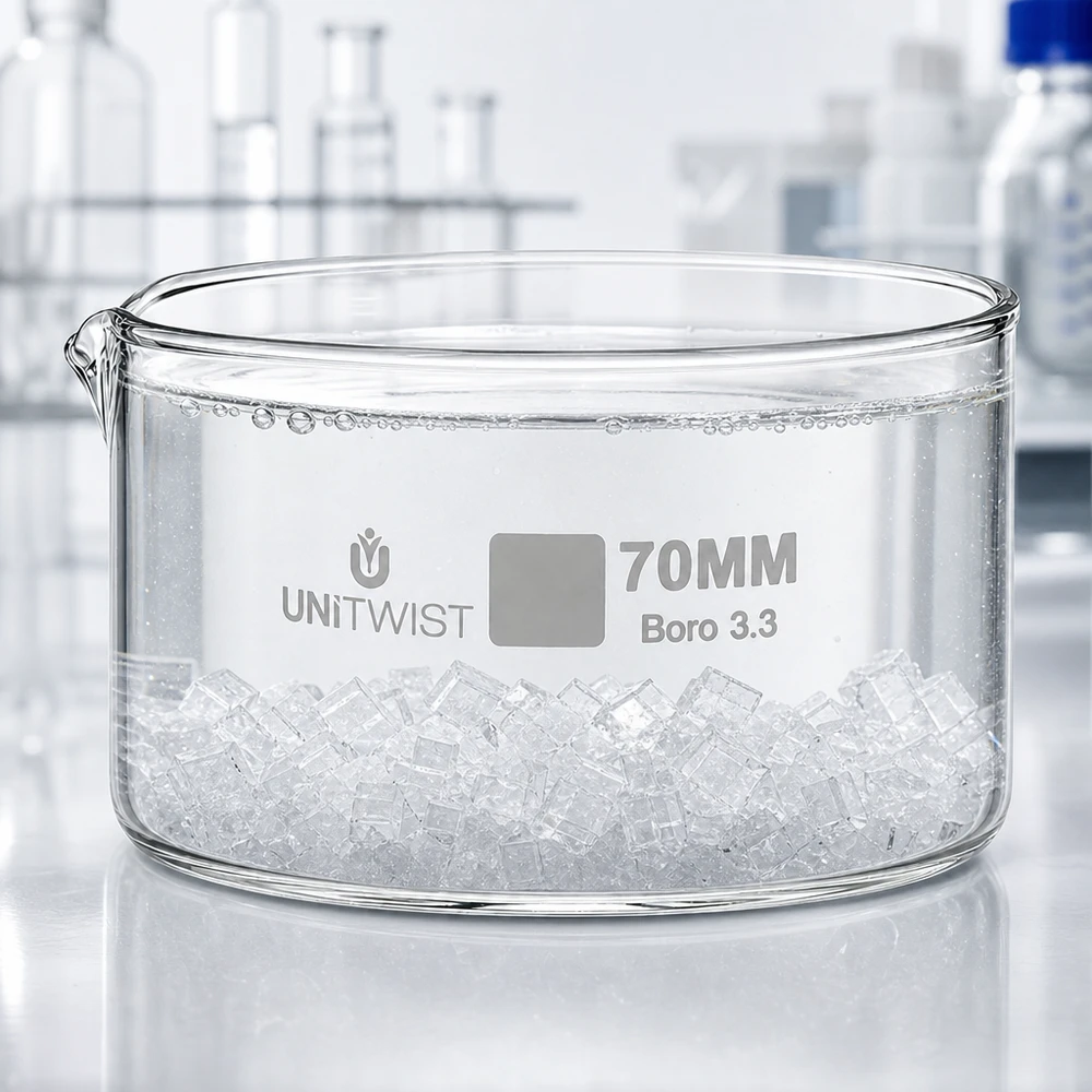 Ronde schaal voor laboratoriumgebruik, borosilicaatglas UNiTWIST 70 mm, helder glas met inhoud, close-up