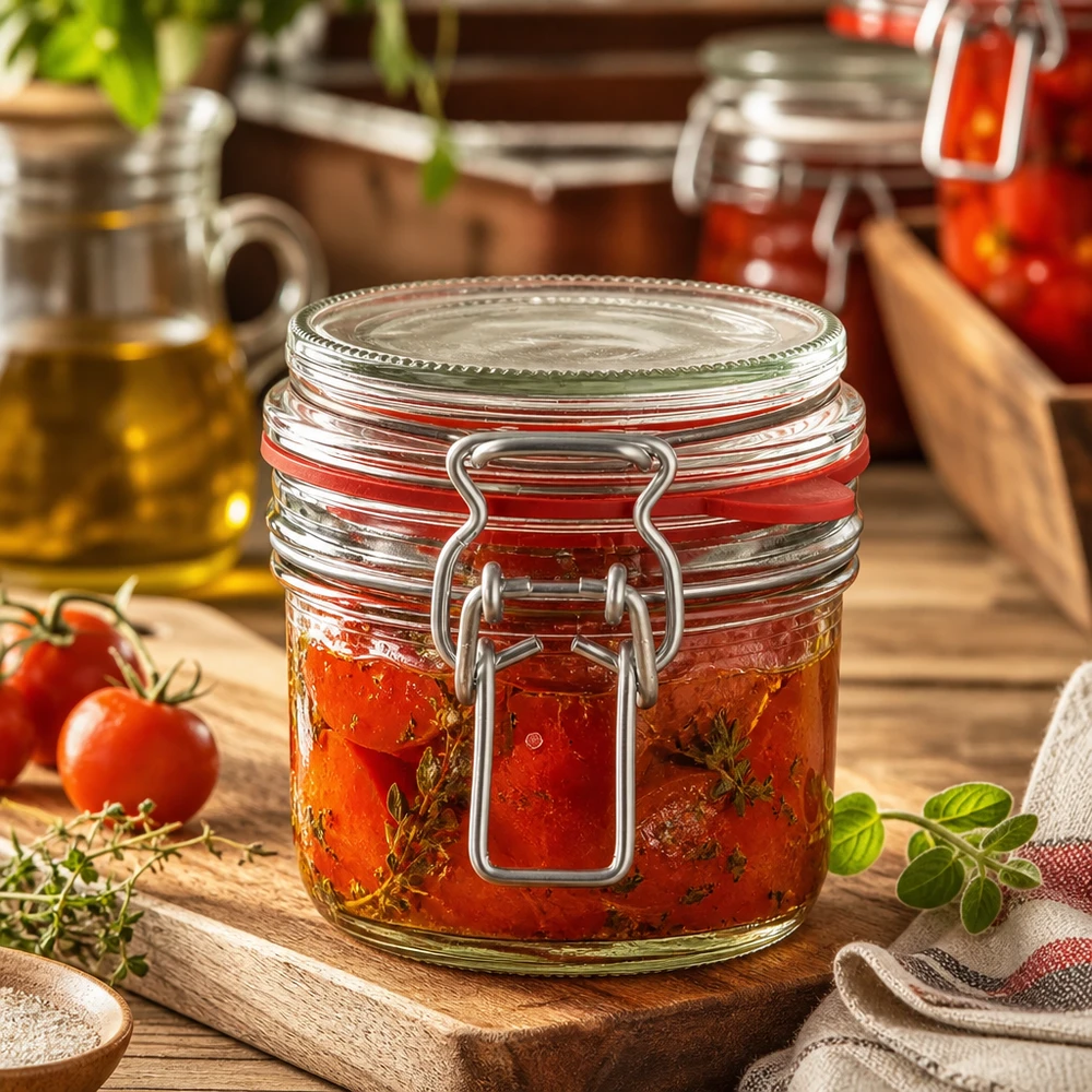 255 ml voorraadpot type G met beugelsluiting UN.. Einmachglas 255ml gefüllt mit eingelegten Tomaten und Kräutern, rustikale Küchendeko auf Holzbrett mit frischen Zutaten