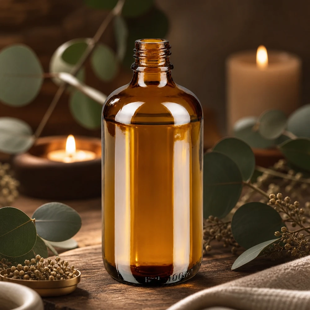 100ml bruine Apothekersfles ApoGlas Bruin ApoGlas apothekersflesje 100ml met etherische oliën, eucalyptus en decoratief gerangschikte kaarsen