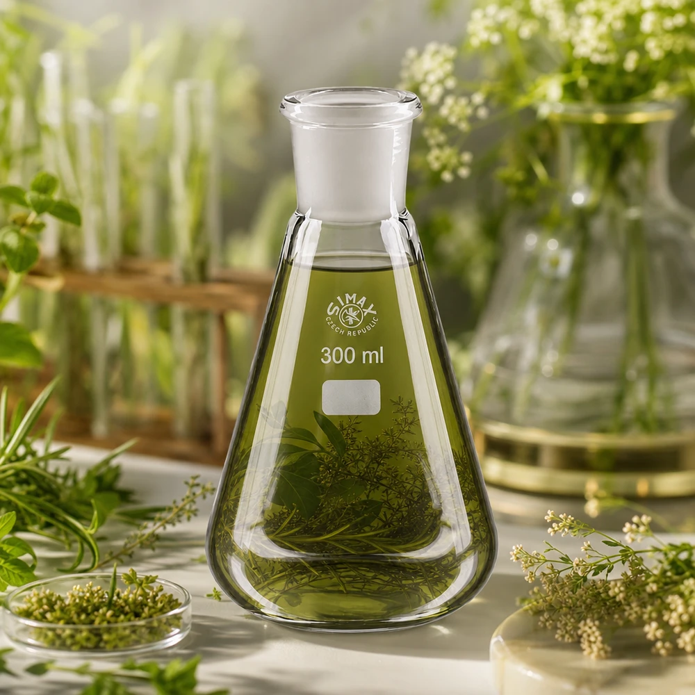 Erlenmeyer 300ml nauwe hals borosilicaat met slijpstuk 29/32 Erlenmeyer 300 ml gemalen 29/32 gevuld met botanische monsters op een wit oppervlak