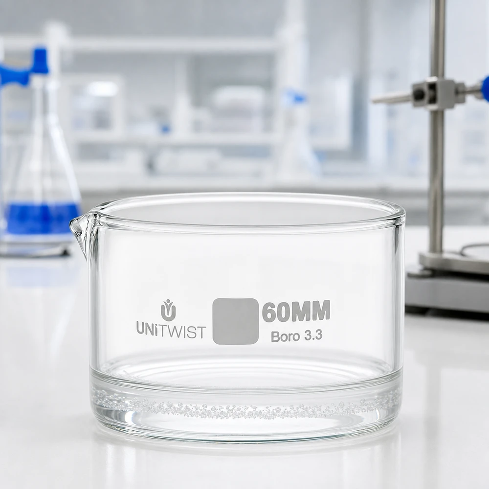 Chemielaboratorium kristallisatieschaal 60 mm, borosilicaatglas, UNiTWIST, met kleine uitgiettuit