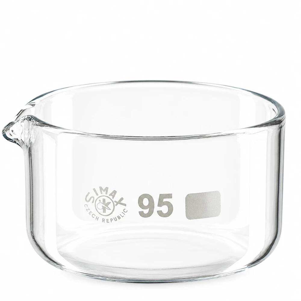 Vlakke, ronde laboratoriumglazen schaal van 300 ml met uitgietmond (ø 95 mm), hittebestendig, afkomstig uit Tsjechië