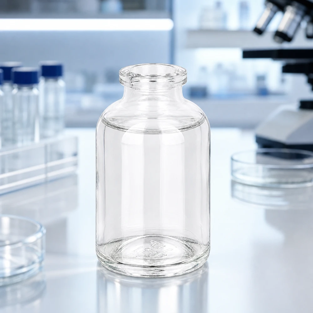 Injectiefles helder glas 50ml Kleines 50ml Laborgefäß aus Klarglas neben Petrischalen und Reagenzgläsern
