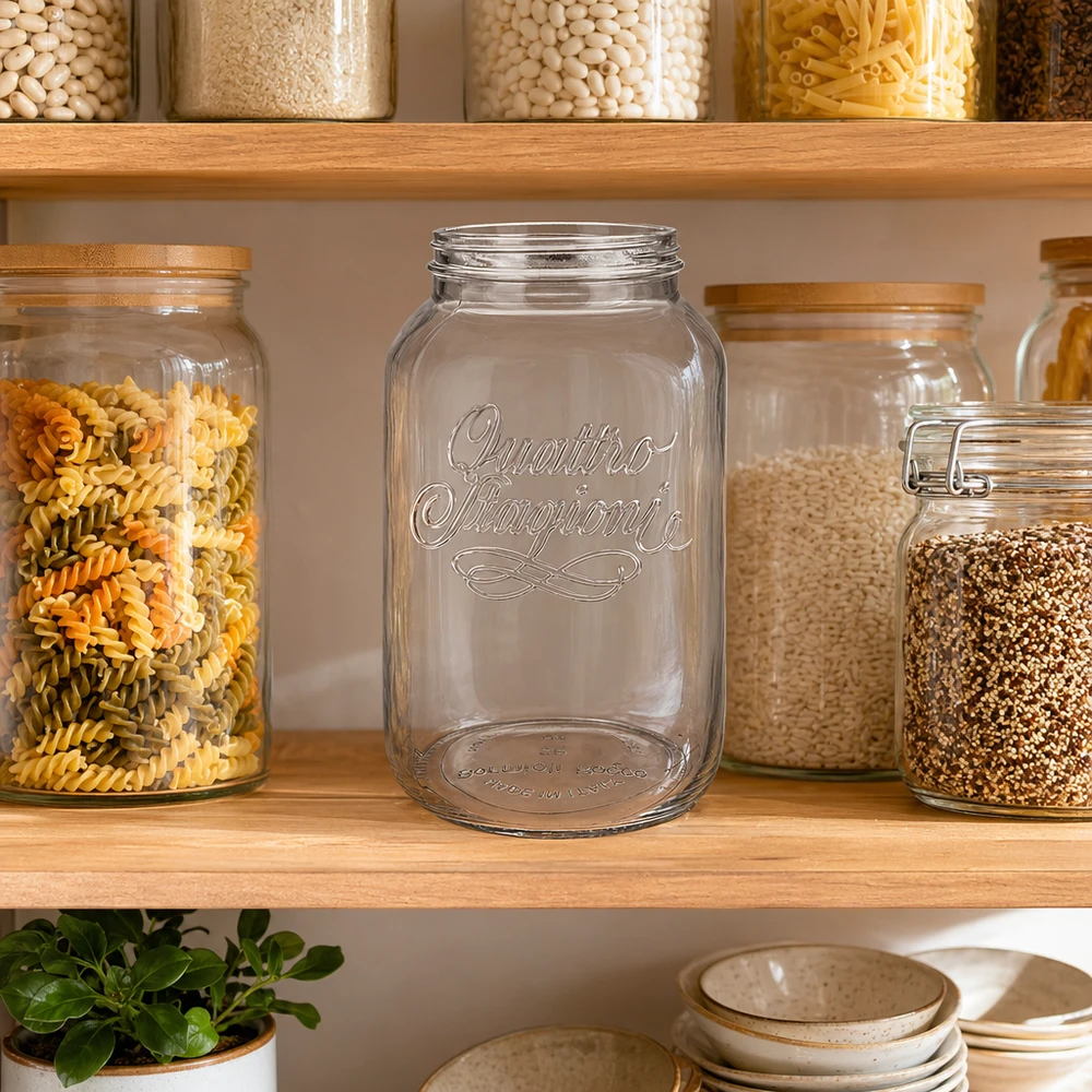 3800ml huishoudglas "Quattro Stagioni" Quattro Stagioni huishoudpot 3800ml leeg in keuken tussen gevulde voorraadpotten op houten plank
