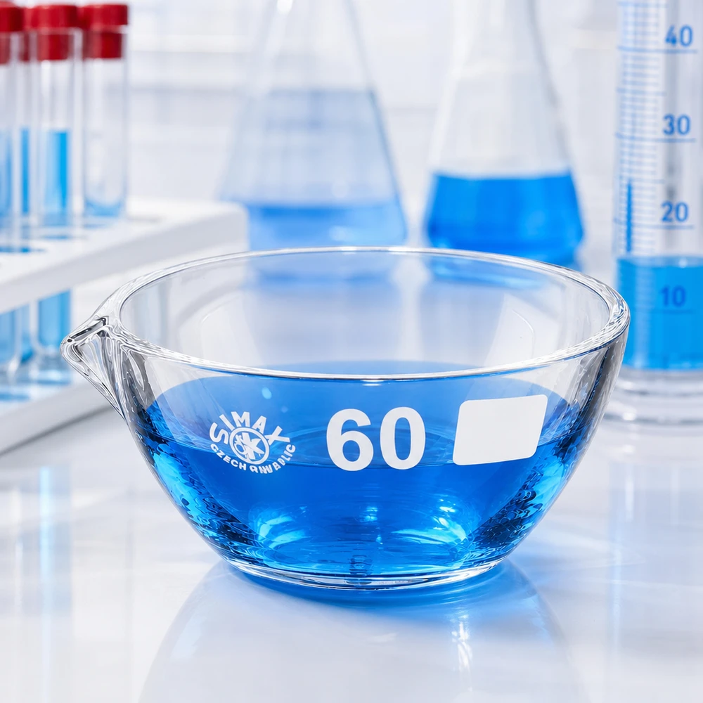 Indampschaal 45ml van borosilicaatglas met schenktuit Klein verdampingsschaaltje 45ml borosilicaat ø60mm met schenktuit voor microanalyses in het laboratorium