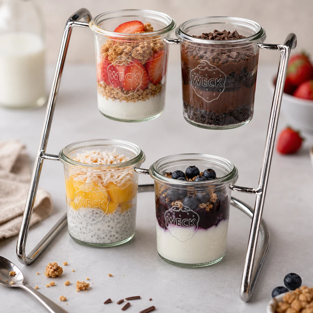 Serveerrek Flato4 voor 4 WECK-flessen Flato4 serveerrek met kleurrijke desserts in WECK potjes - yoghurt, bessen en granola smakelijk gepresenteerd
