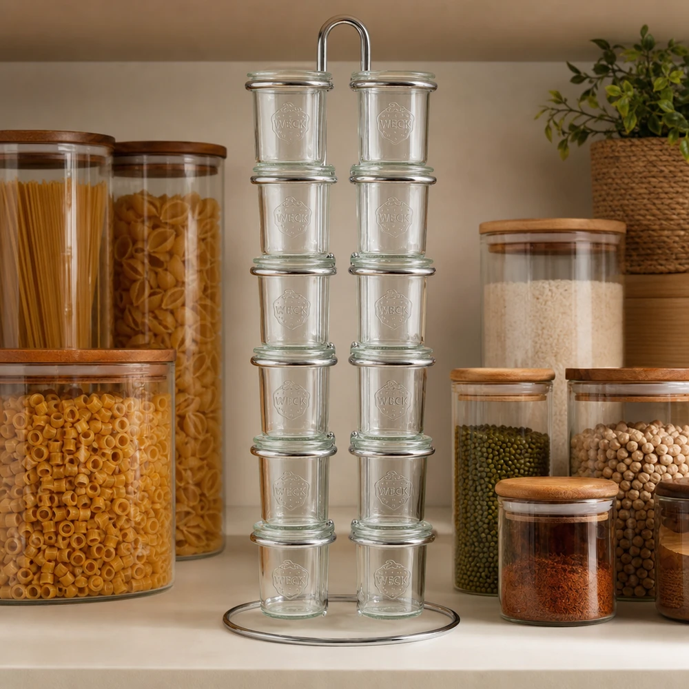 Serveerrek Vertico12 voor 12 WECK stortglas Indeling van de voorraadkast met WECK Vertico12 rek tussen voorraadpotten met pasta, rijst, peulvruchten en kruiden