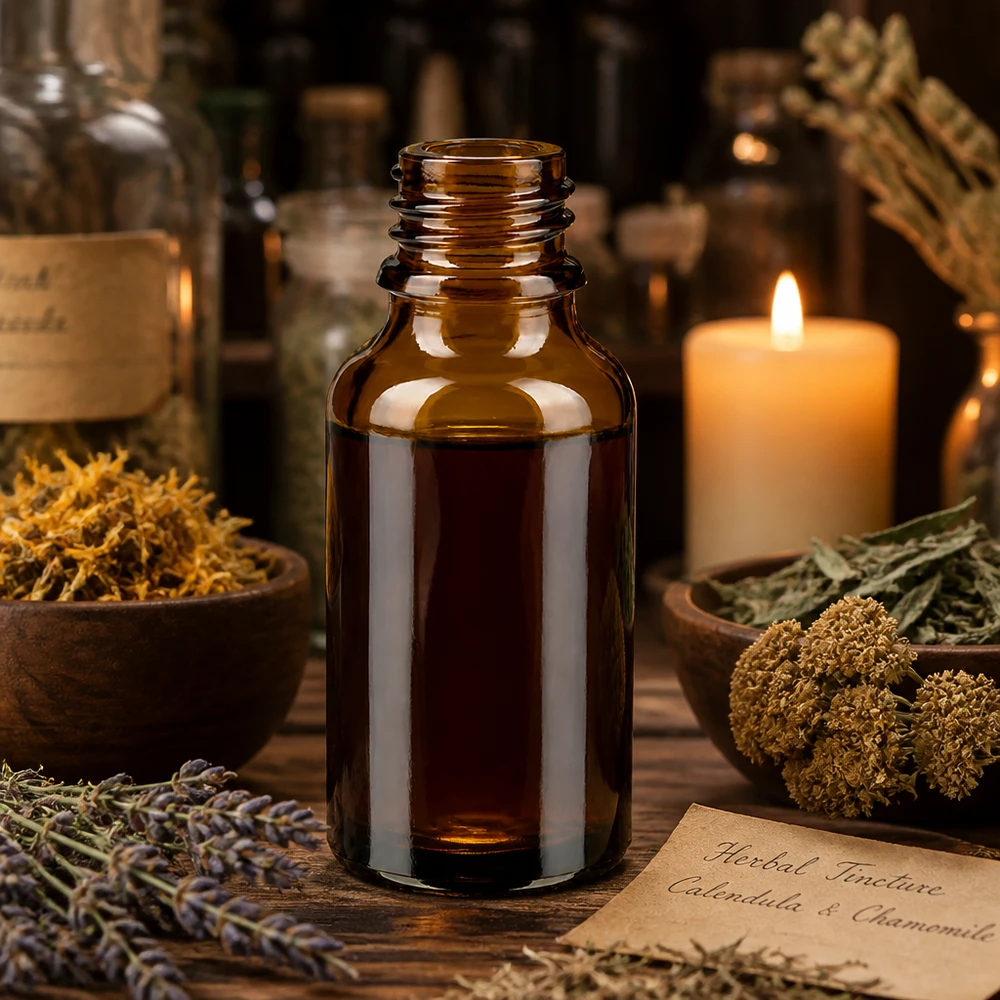 30ml bruine apothekersfles ApoGlas 30ml bruine apothekersfles ApoGlas met kruidentinctuur tussen calendula kamille en brandende kaars