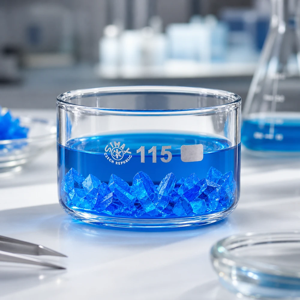 Laboratoriumkom 500 ml SIMAX Tsjechië met neergeslagen blauwe chemische kristallen