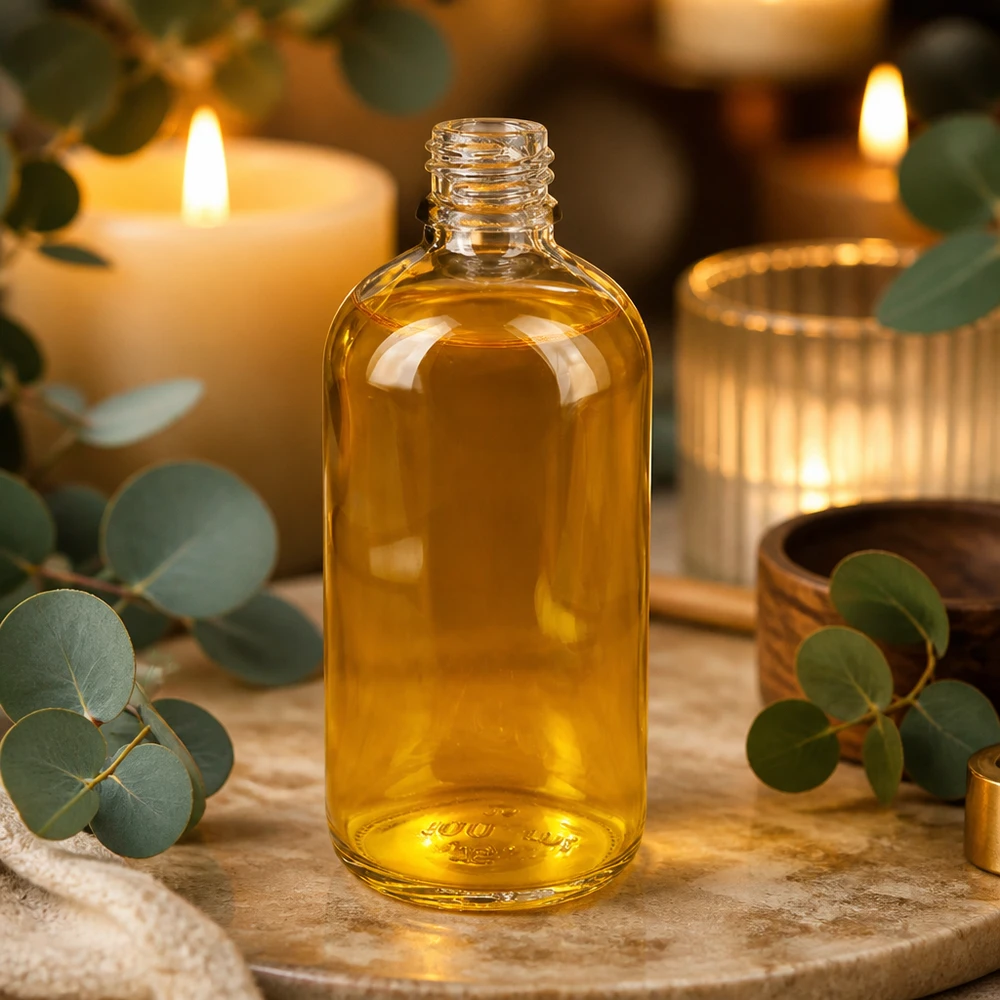 100ml apothekersfles ClearLine DIN18 UNiTWIST Apothekersflesje van 100 ml UNiTWIST ClearLine DIN18 met goudkleurige olie met de geur van kaarsen en eucalyptus
