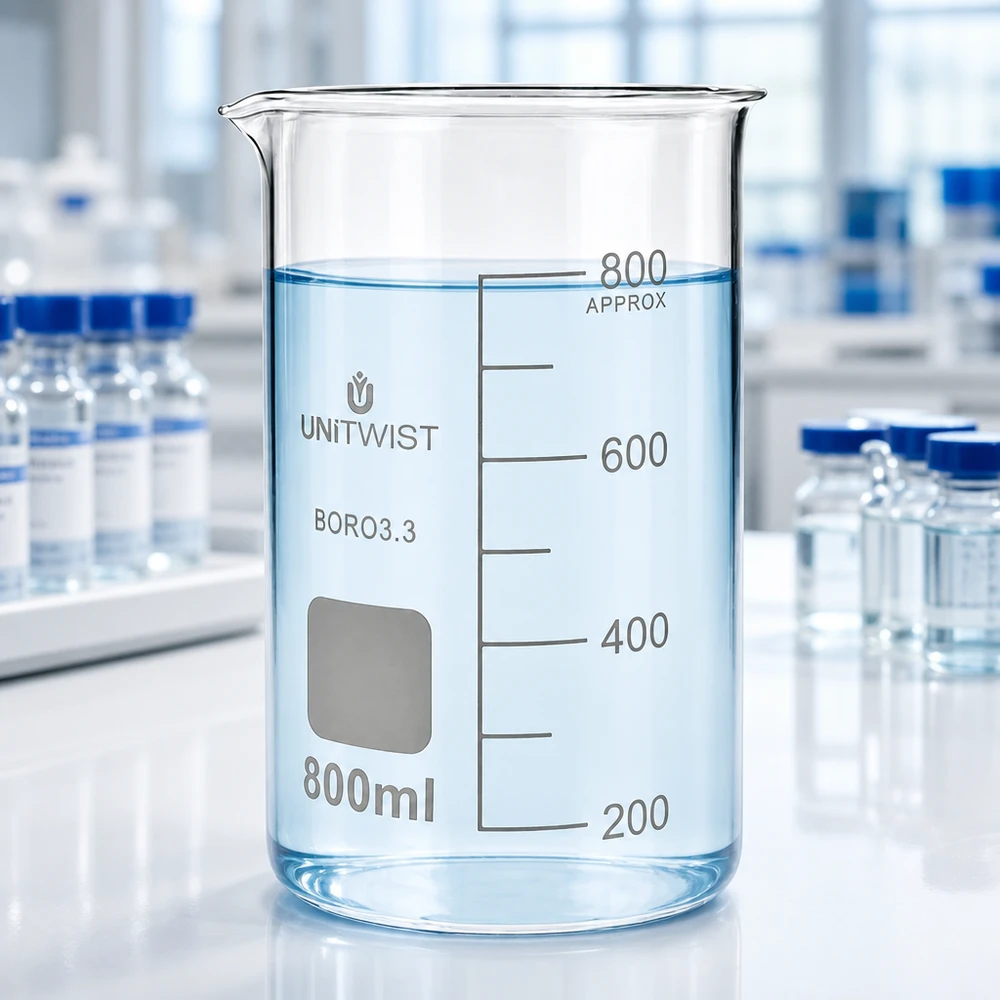 Beker 800ml borosilicaat, hoge vorm UNITWIST UNITWIST borosilicaat bekerglas 800 ml, hoge cilindrische vorm met milliliteraanduidingen