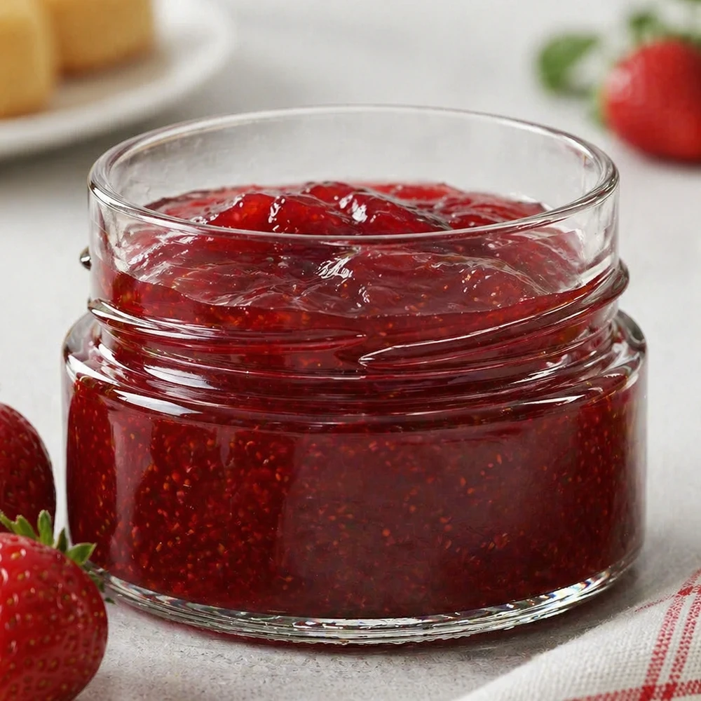 UNiTWIST Runda80 ronde pot 80ml gevuld met rode aardbeienjam, TO58deksel, glazen jampot