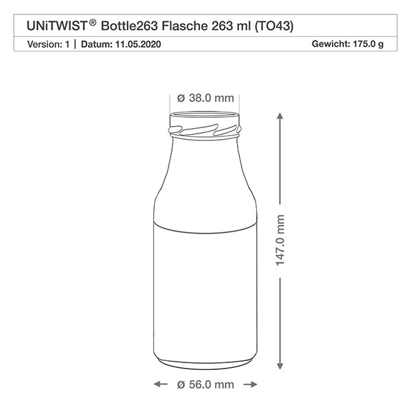 UNiTWIST Bottle263 glazen fles 263ml TO43 met afmetingen 147mm hoogte 56mm diameter technische tekening