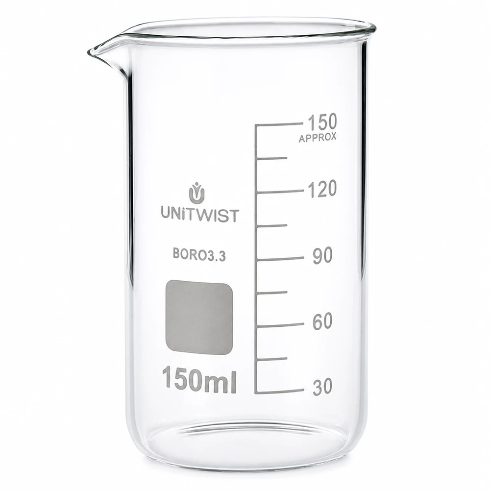 Beker 150ml borosilicaat, hoge vorm UNITWIST Hoog bekerglas van helder borosilicaatglas met een inhoud van 150 ml, voor laboratorium- en chemische toepassingen