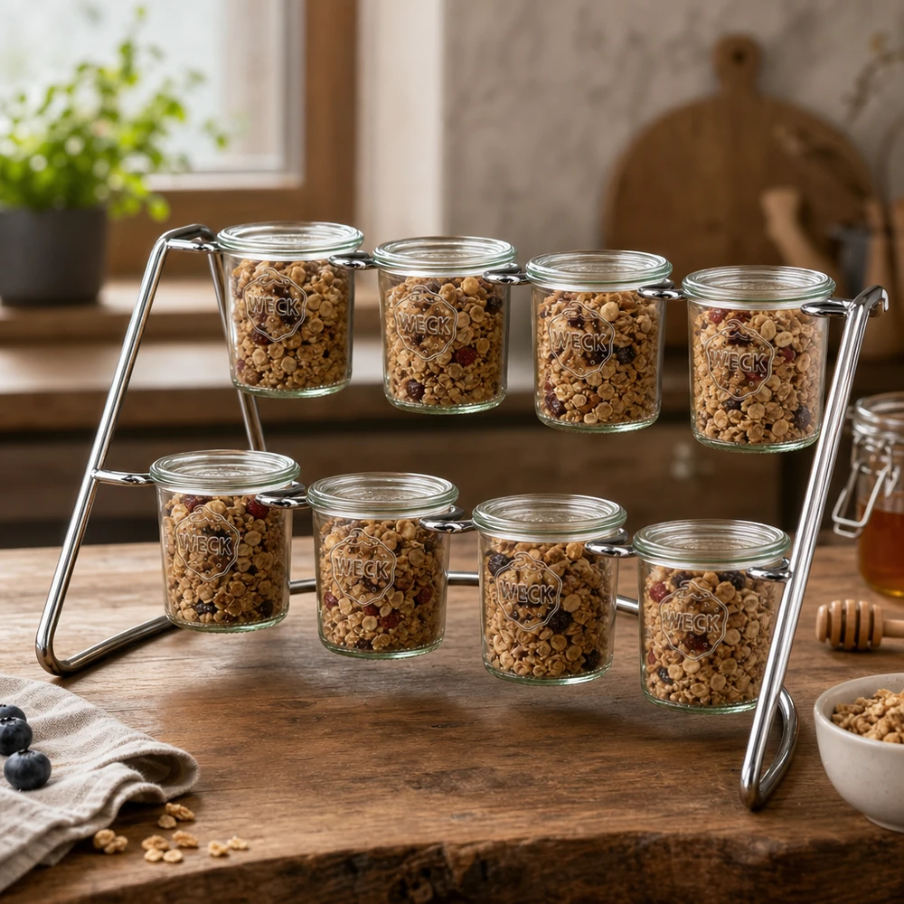 Serveerrek Flato8 voor 8 WECK-glazen WECK Serviergestell Flato8 mit Müsli und Nüssen gefüllt zeigt praktische Küchenorganisation auf Holztisch