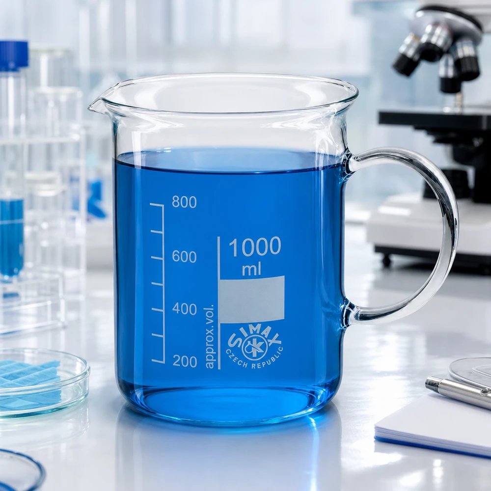 Bekerglas 1000 ml van hittebestendig borosilicaatglas met handvat Hittebestendige bekerglas van 1000 ml met handvat, vervaardigd uit borosilicaatglas, voor laboratoriumgebruik