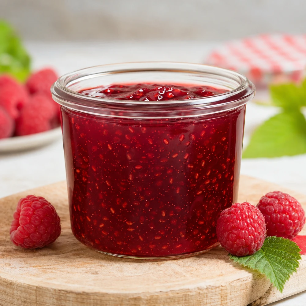 WECK RR40 35ml mason jar gevuld met rode jam omringd door verse frambozen op een houten plank