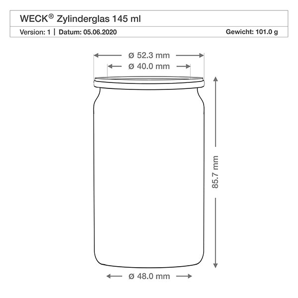 145ml cilinderglas WECK RR40 WECK cilindrische pot 145ml RR40 technische tekening met afmetingen diameter 48mm hoogte 85.7mm gewicht 101g