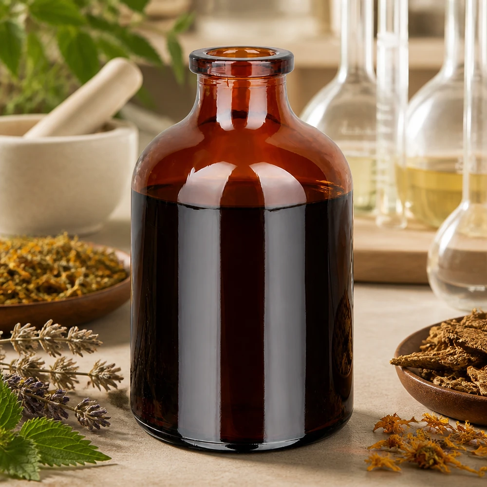 Injectiefles bruin glas 50ml Braunglas Injektionsflasche 50ml für pflanzliche Extrakte mit Kräutern und Laborgeräten im Hintergrund