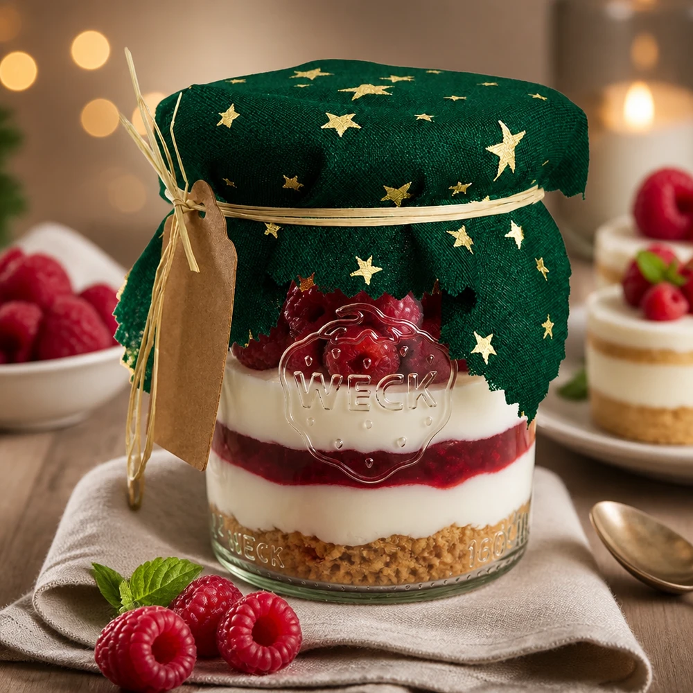 Feestelijk dessert in een potje met een groene ster decoratieve doily 12cm vierkant, frambozen en room als cadeau-idee