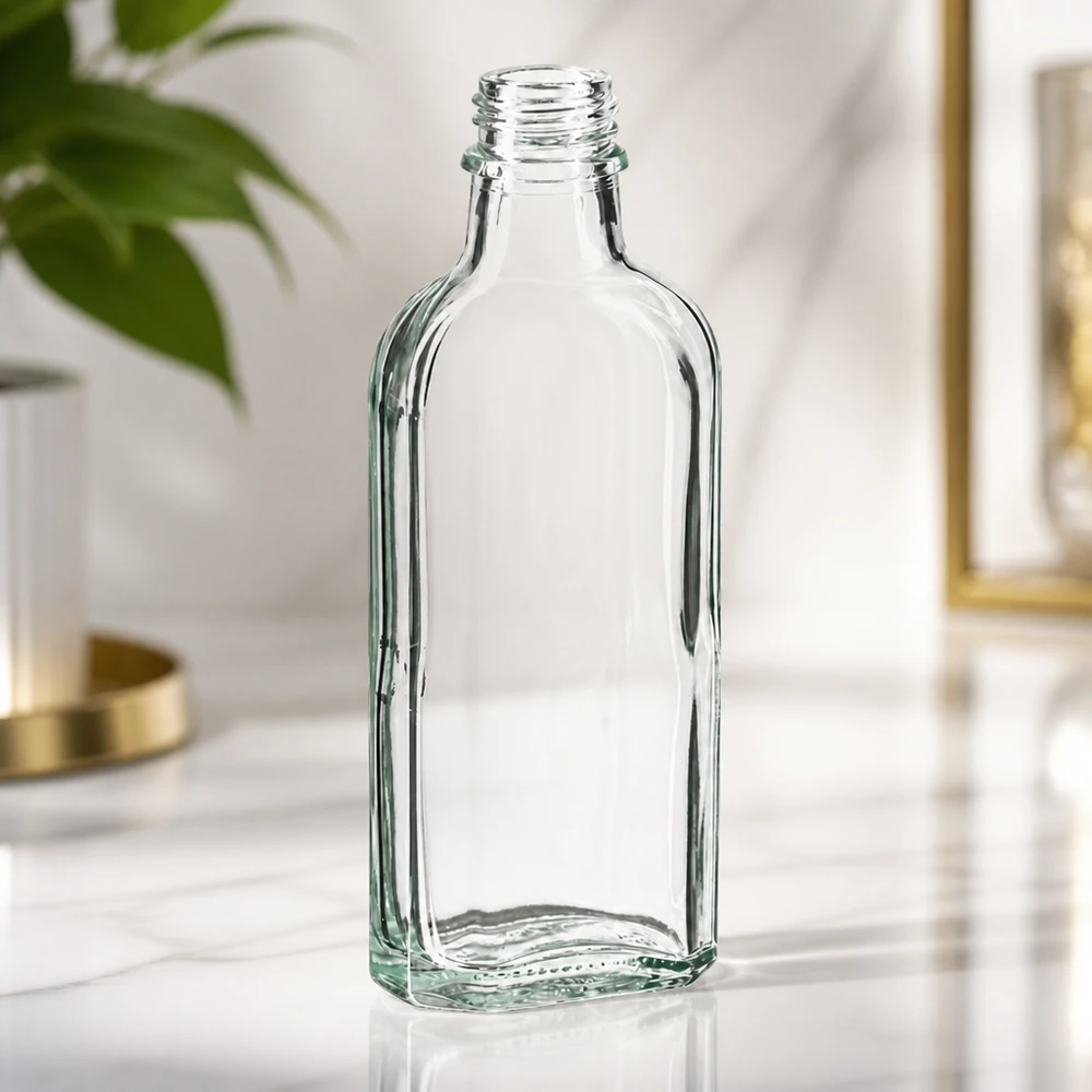 100 ml witte meplatfles met DIN 22 monding Compacte fles van 100 ml, helder, rechthoekige vorm, DIN22-schroefdraad, voor etherische oliën