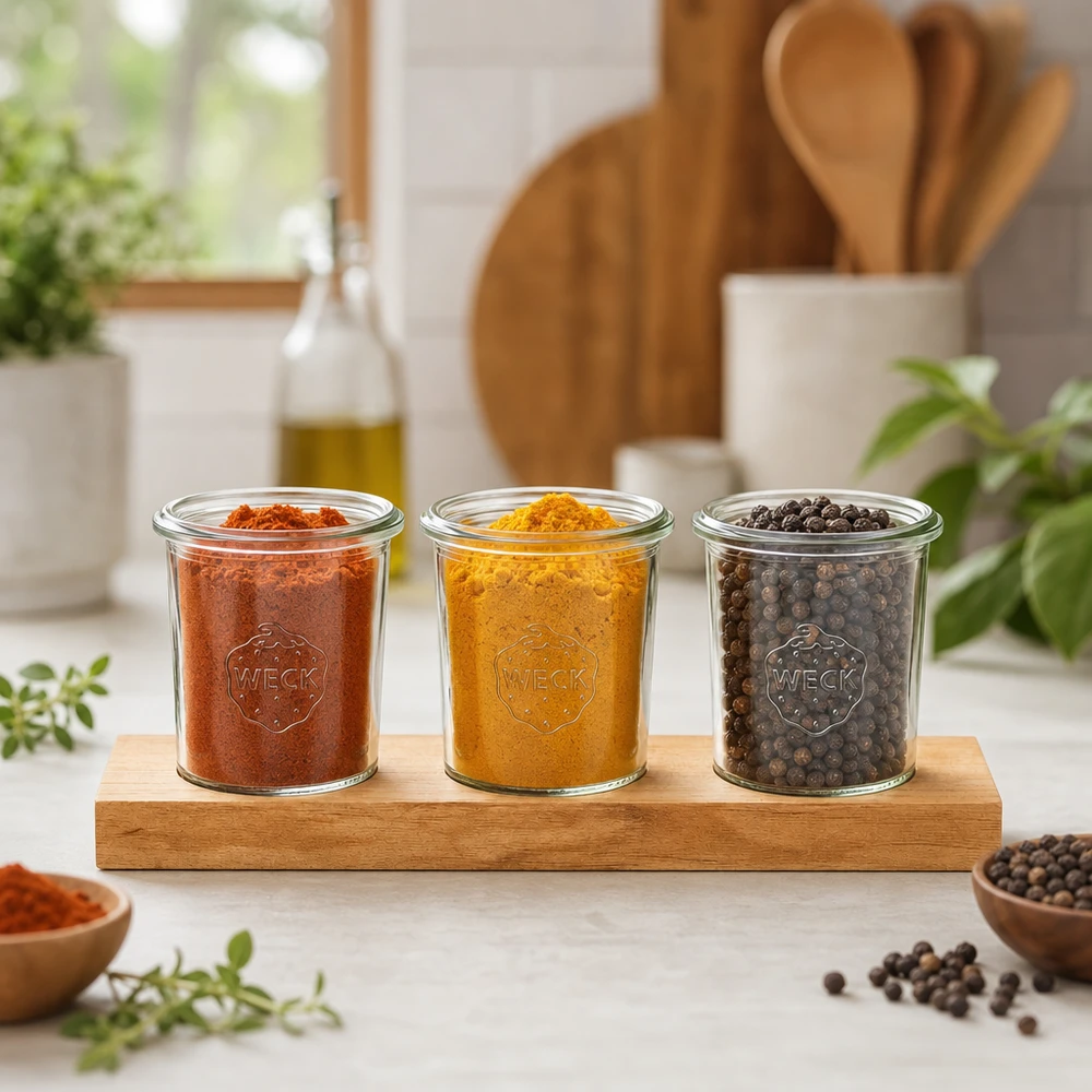 Serveerplank Plano3 met 3 Weck-glazen van 160 ml Weckpotten 160ml met kruiden kurkuma en peper op bamboe serveerplank in een natuurlijke keukensfeer
