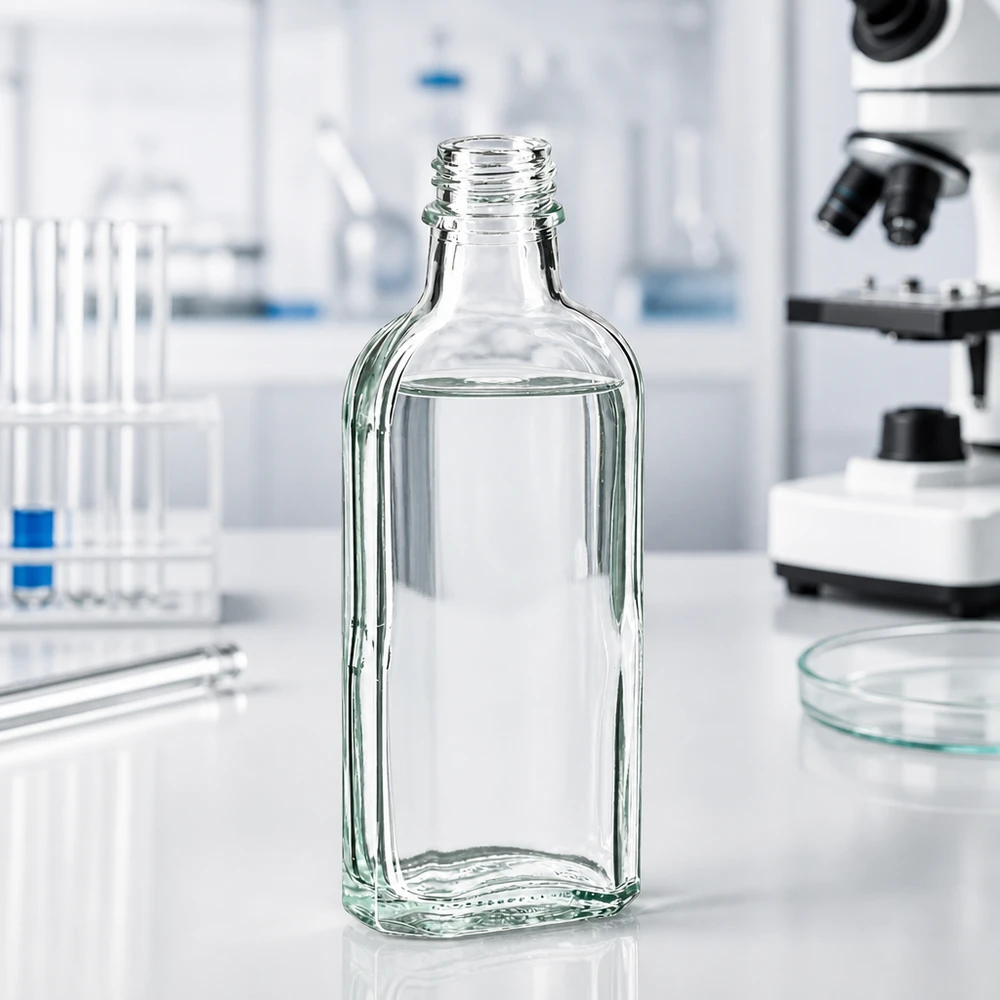 Kleine, doorzichtige Meplat-fles van 100 ml met een kenmerkende hoekige glasvorm
