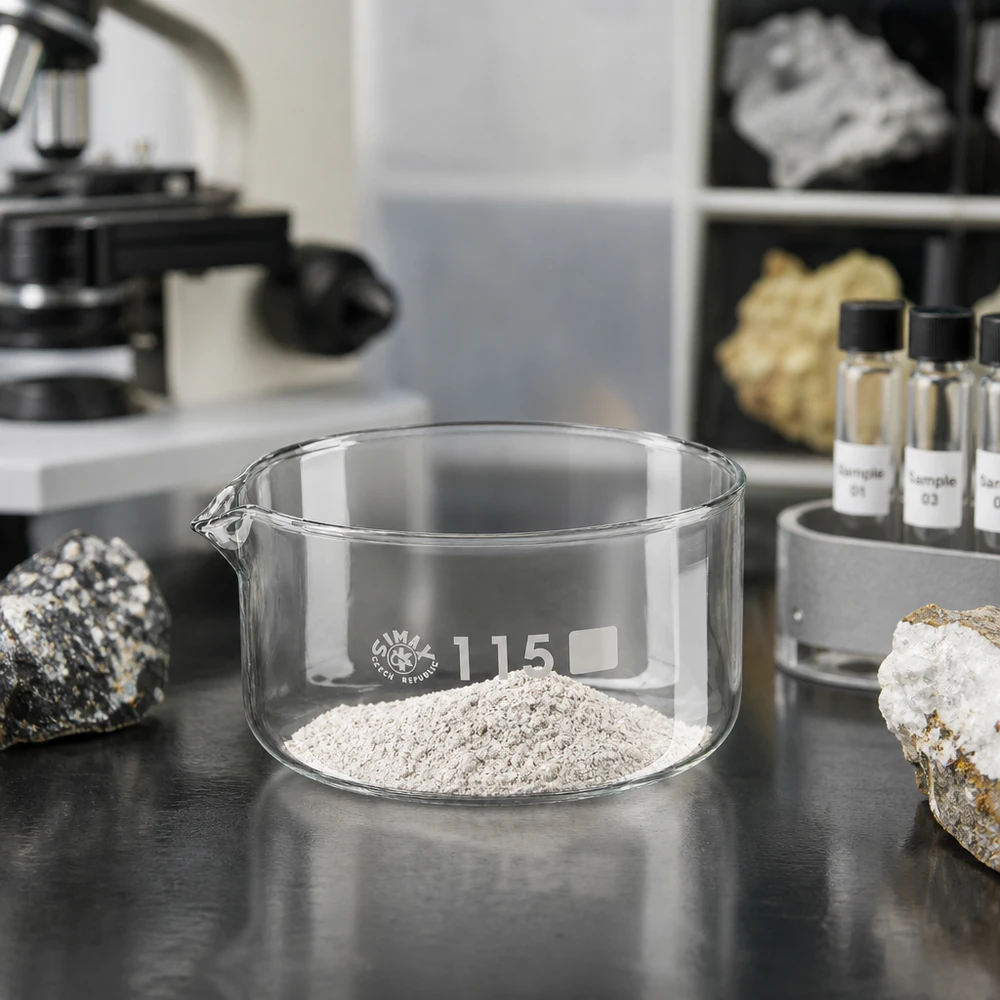 Doorzichtige glazen schaal van 500 ml met schenktuit voor gesteenteanalyse in het laboratorium, naast monsterflesjes