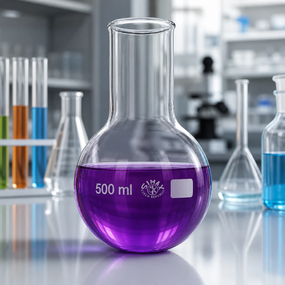 Platbodem kolf 500ml wijde hals borosilicaat met afgeronde rand Rondbodemkolf, wijde hals 500ml gemaakt van robuust glas voor het veilig hanteren van chemicaliën