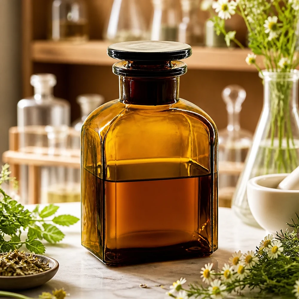 Vierkant-apothekersfles 150 ml wijde hals bruin glas incl. glazen stop Antieke bruine glazen fles van 150 ml met glazen stop in apothekersstijl voor kruidentincturen en geneeskrachtige planten
