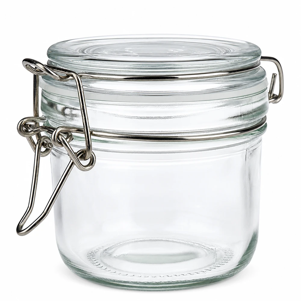 200 ml voorraadpot type S met scharnierende top UN. Transparante inmaakpot van 200 ml met roestvrijstalen klikdeksel voor keuken en opslag