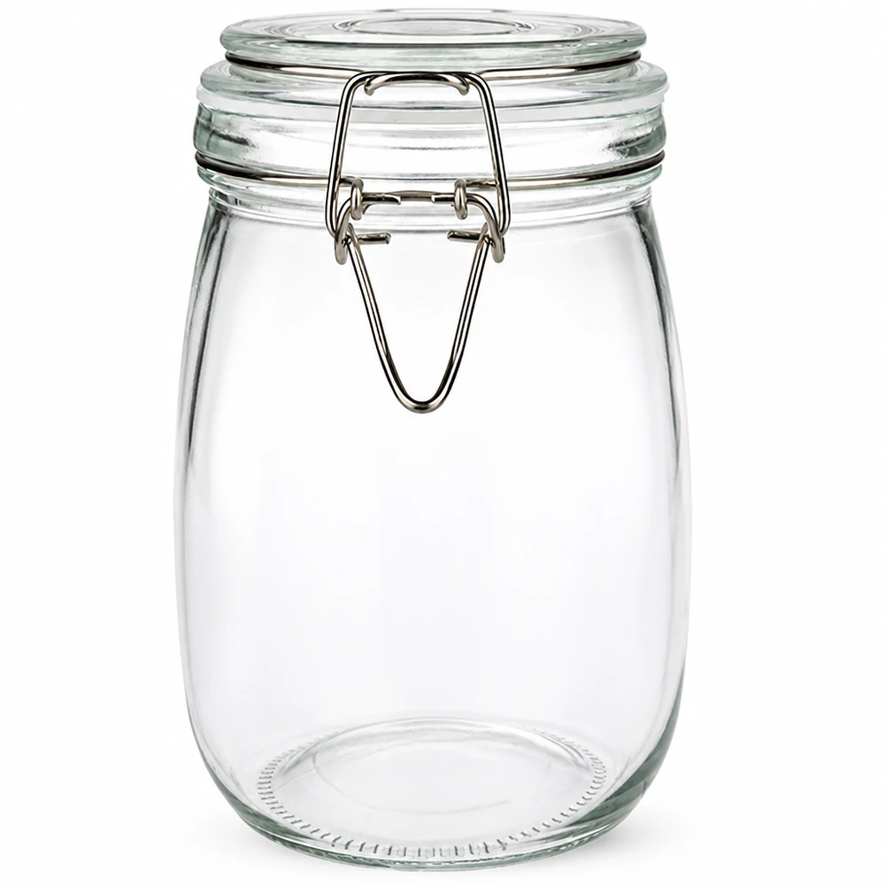 1000 ml voorraadpot type S met scharnierende top UN. Transparante inmaakpot 1000ml met luchtdichte afsluiting voor optimaal bewaren