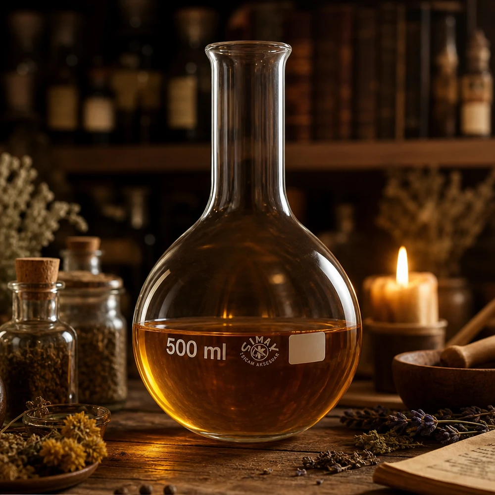 Platbodem kolf 500ml nauwe hals borosilicaat met afgeronde rand 500 ml kolf met amberkleurige vloeistof in een traditionele alchemie-instelling