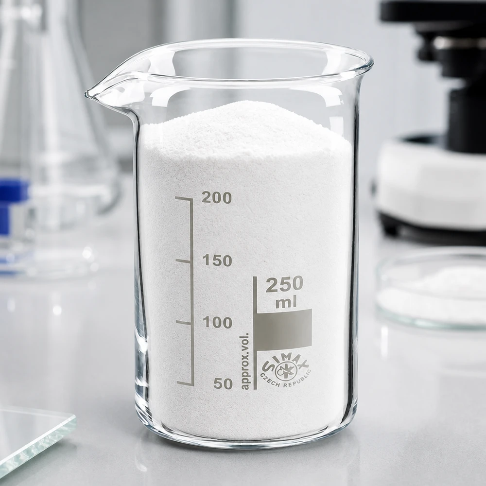 Bekerglas 250 ml van hittebestendig borosilicaatglas (hoog model) Wit poeder in een 250 ml laboratoriumbeker met hoge vorm, gemaakt van hittebestendig borosilicaatglas