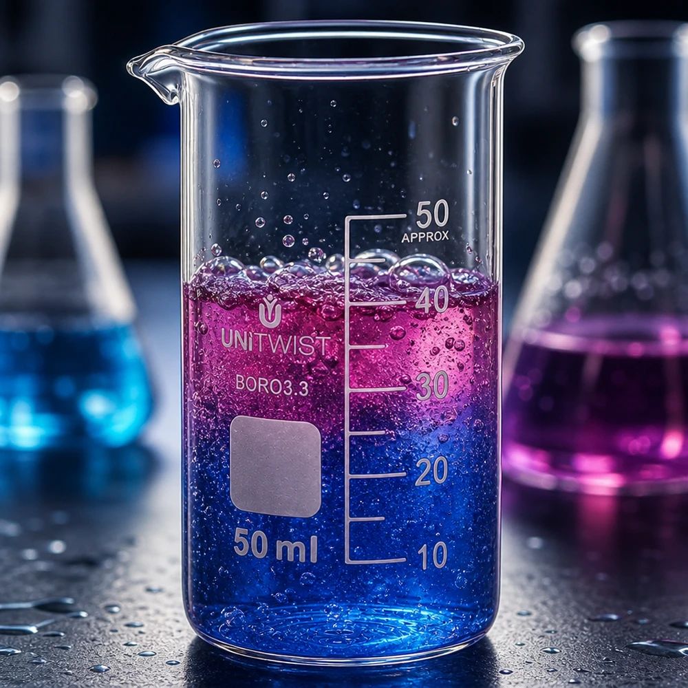 Beker 50ml borosilicaat, hoge vorm UNITWIST Graduatiebeker van 50 ml, hoog model met blauw-magenta kleurverloop en kookreactie