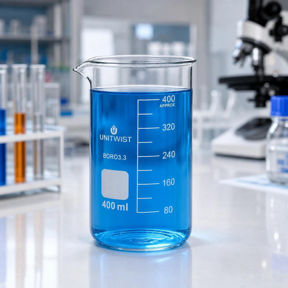 Beker 400ml borosilicaat, hoge vorm UNITWIST Borosilicaat bekerglas 400 ml UNITWIST, hoog model met ruimte voor etiketten en schaalverdeling tot 400 ml