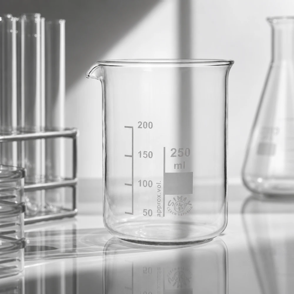 Bekerglas 250 ml van hittebestendig borosilicaatglas (laag model) Precieze maatbeker van 250 ml van transparant borosilicaatglas voor exacte volumemeting