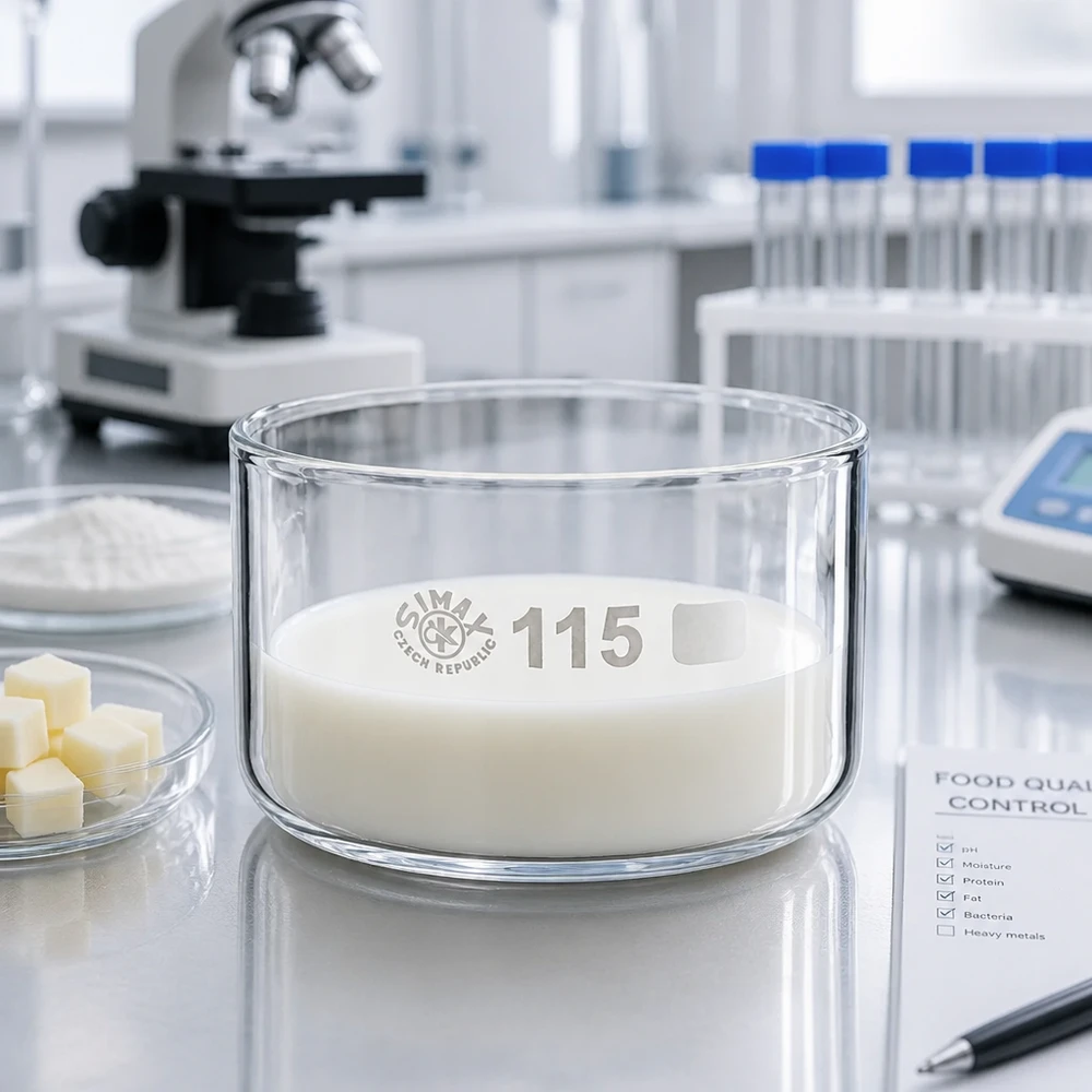 Doorzichtige cilindrische laboratoriumschaal van 500 ml met een melkmonster op een reflecterend stalen oppervlak