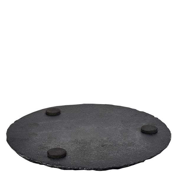Leisteen bord rond 15cm met drie zwarte rubberen voetjes voor een anti-slip stand op een witte achtergrond