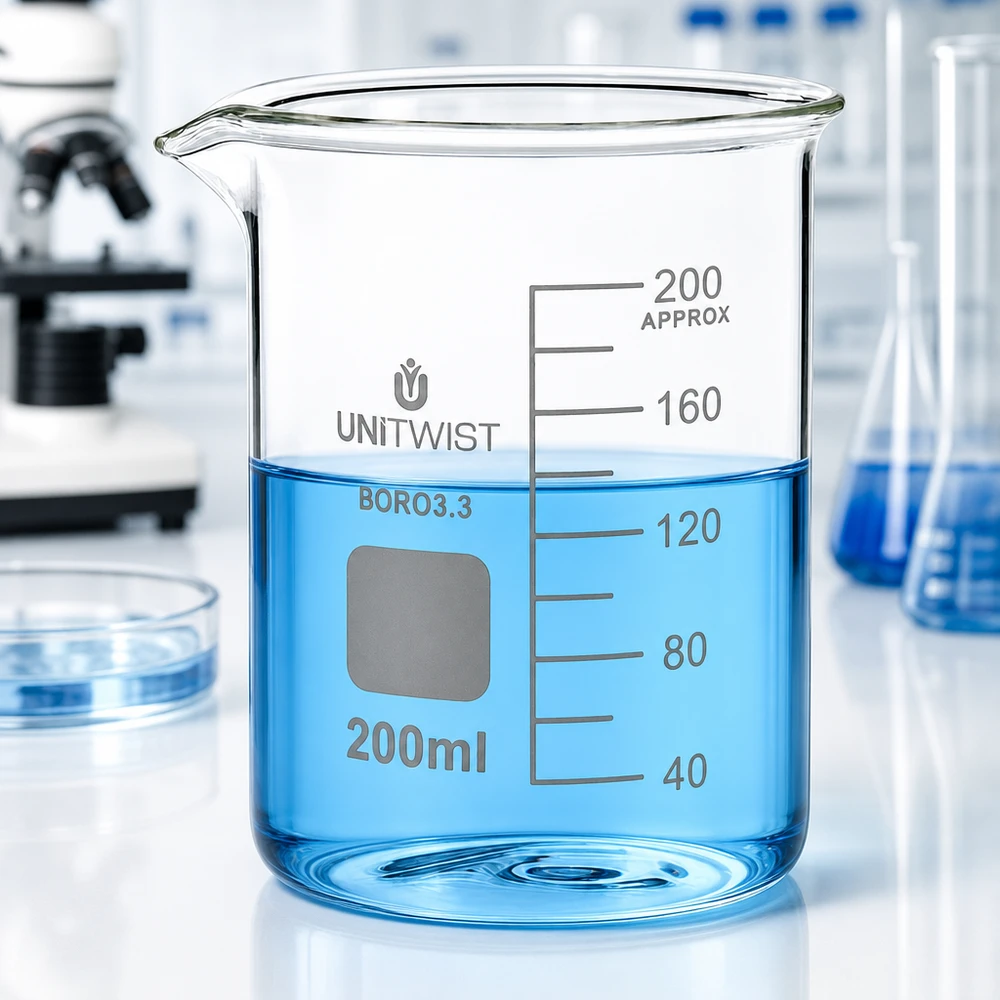 UNiTWIST maatbeker van 200 ml van borosilicaatglas met opschriftveld en schaalverdeling