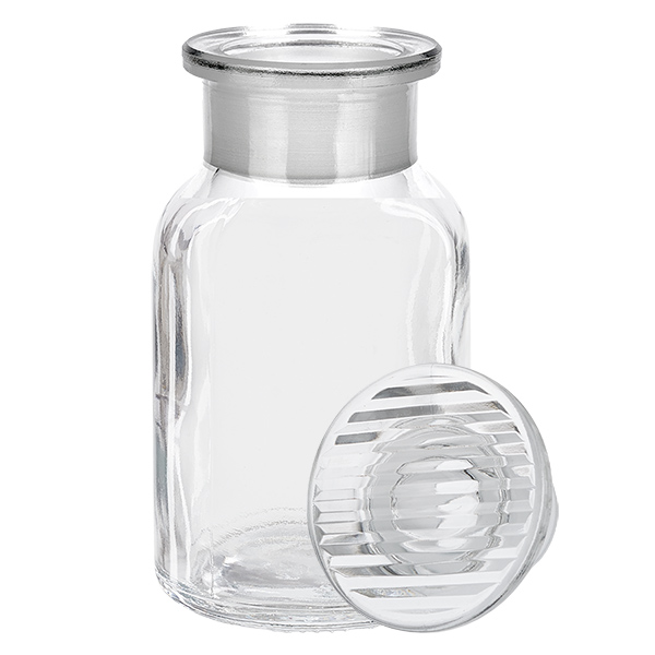 Apothekersfles 100 ml wijde hals helder glas incl. glazen stop Compacte voorraadfles van 100 ml met brede hals en een luchtdicht sluitende glazen schroefdop